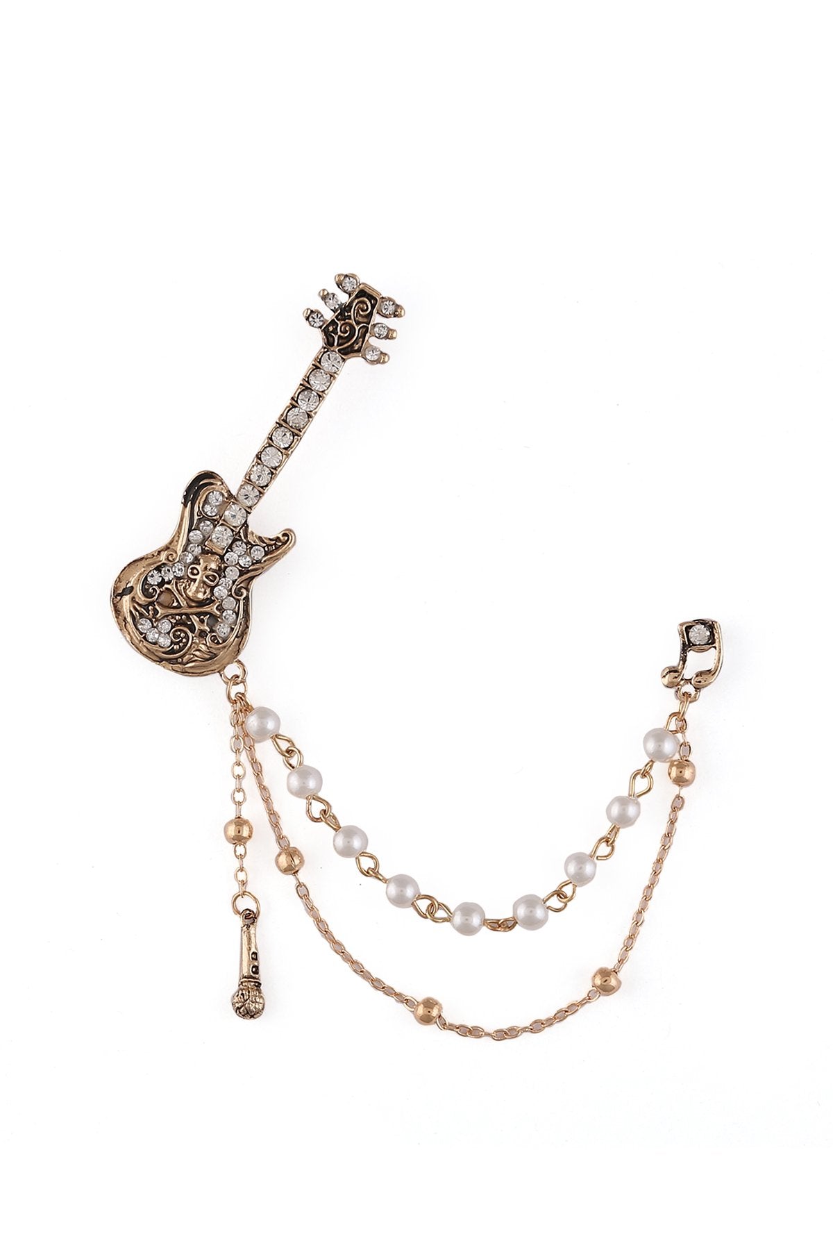 Classic Guitar Brooch with Pearl, Diamond & Chain for Music Lovers